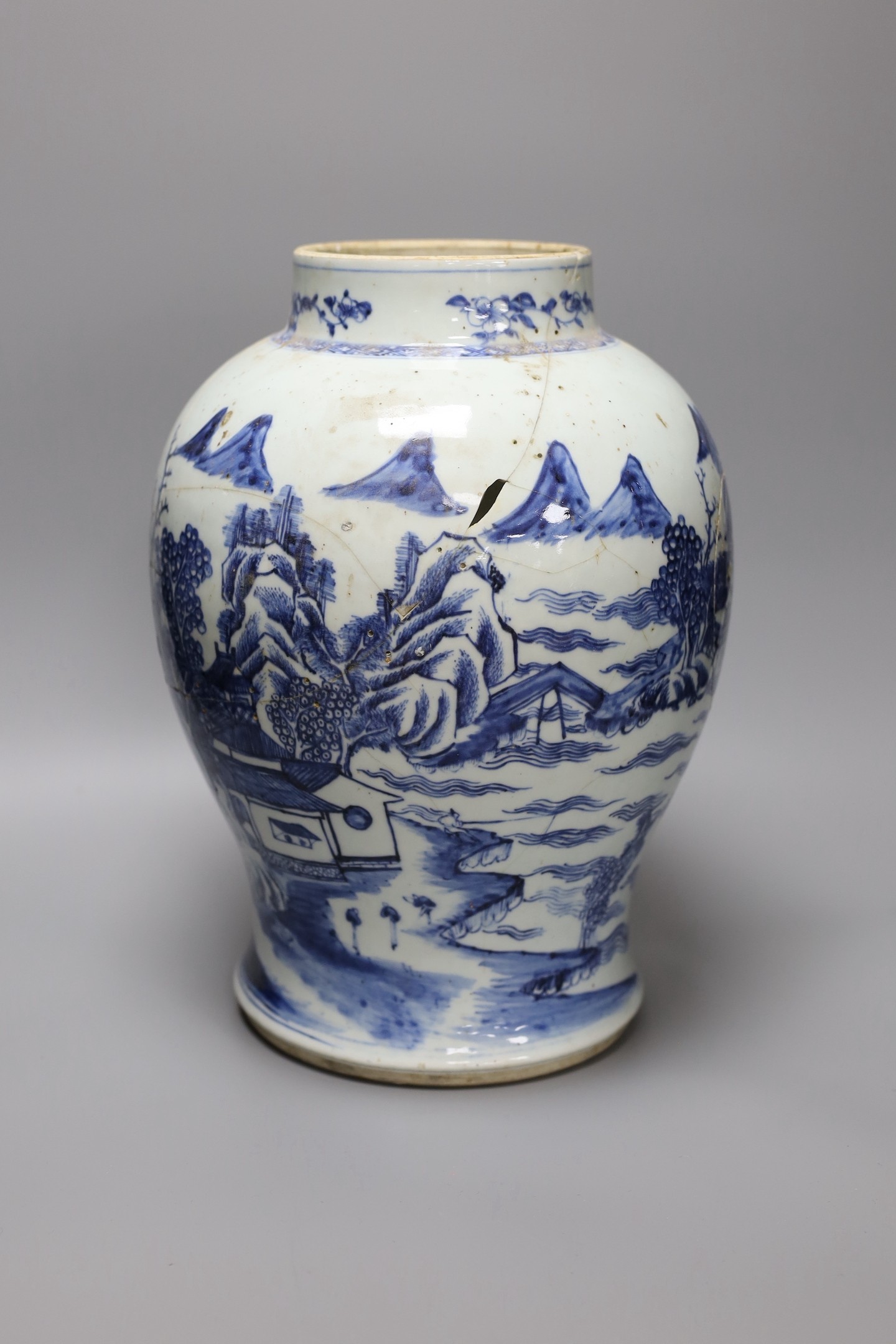 An 18th century Chinese blue and white baluster jar, a.f., height 35cm
